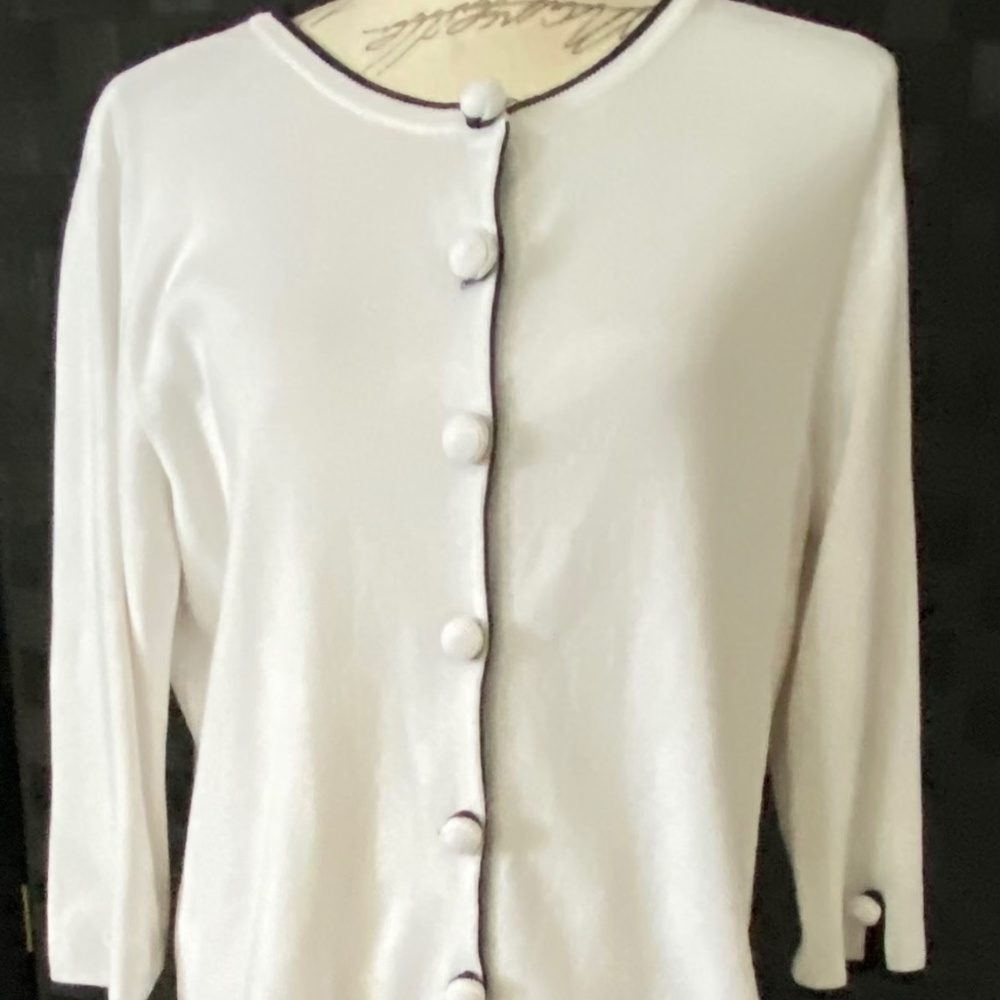 Designers Original, white with black trim sweater. Size L